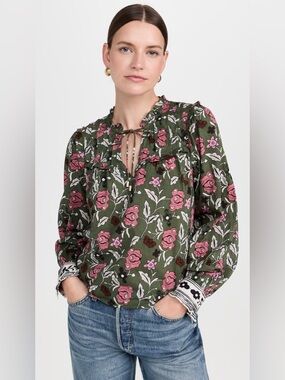 CLEOBELLA Leni Print Tie Neck Organic Cotton Top Size Small